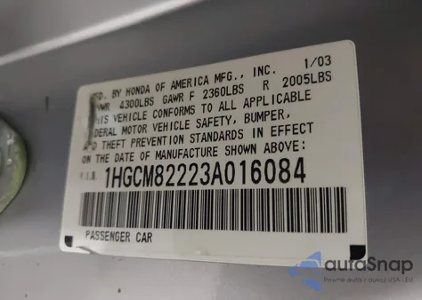 2003 Honda Accord 3.0 Lx z USA, uszkodzony, nr VIN 1HGCM82223A016084